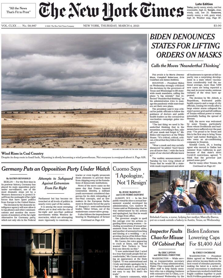纽约时报 The New York Times 2021年3月4日 高清英语版 矢量PDF电子版精读 百度网盘下载